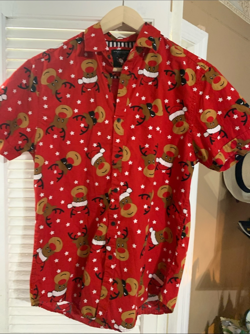 Denim & Flower Red Reindeer Print Casual Button-Down Shirt
